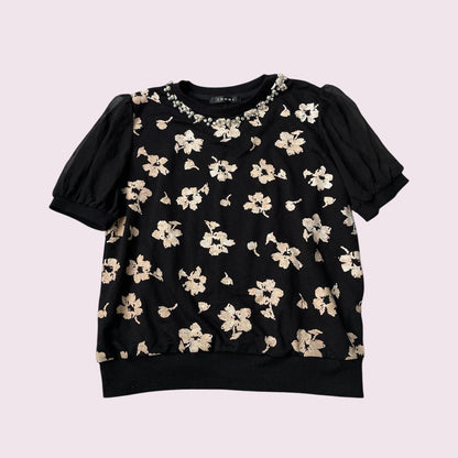 Japanese Brand INGNI floral top with sheer sleeves and pearl collar0