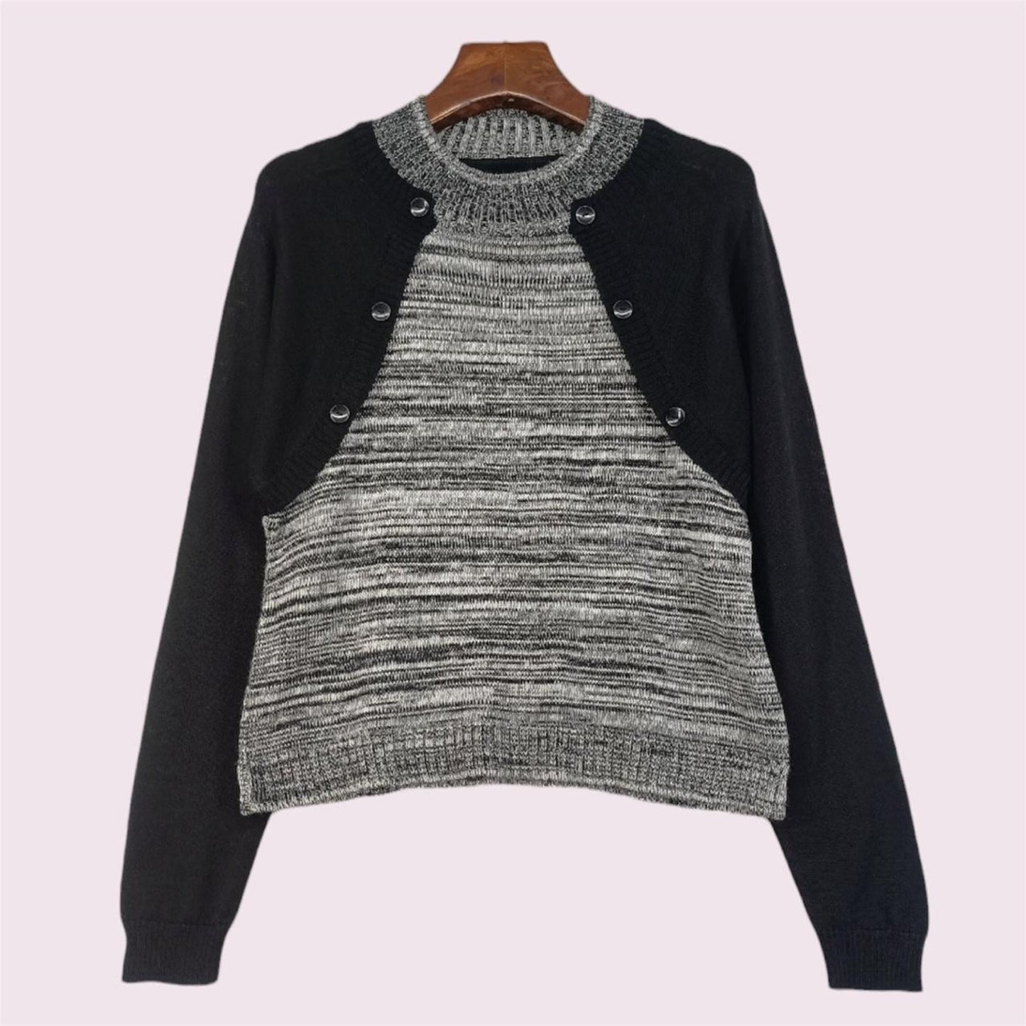 Japanese vintage faux two-piece layered knit top – monochrome style0