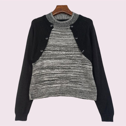 Japanese vintage faux two-piece layered knit top – monochrome style0