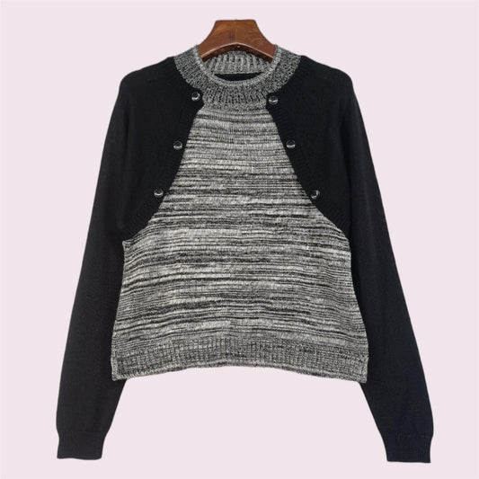 Japanese vintage faux two-piece layered knit top – monochrome style0