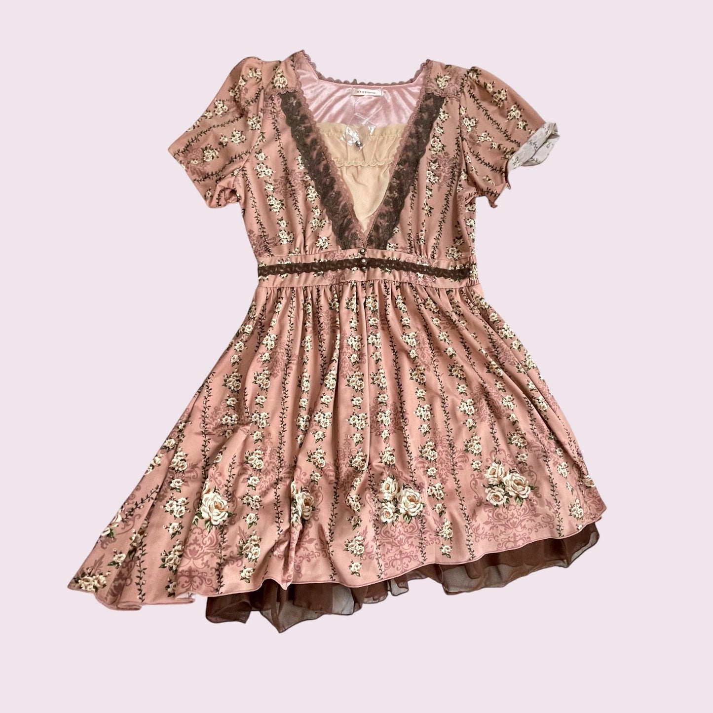 Axes Femme Dusty Pink Floral Dress VNeck Lace Kawaii Mori Kei3