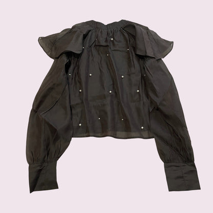 GRL black oversized bow blouse – sheer puff sleeves, pearl detail1
