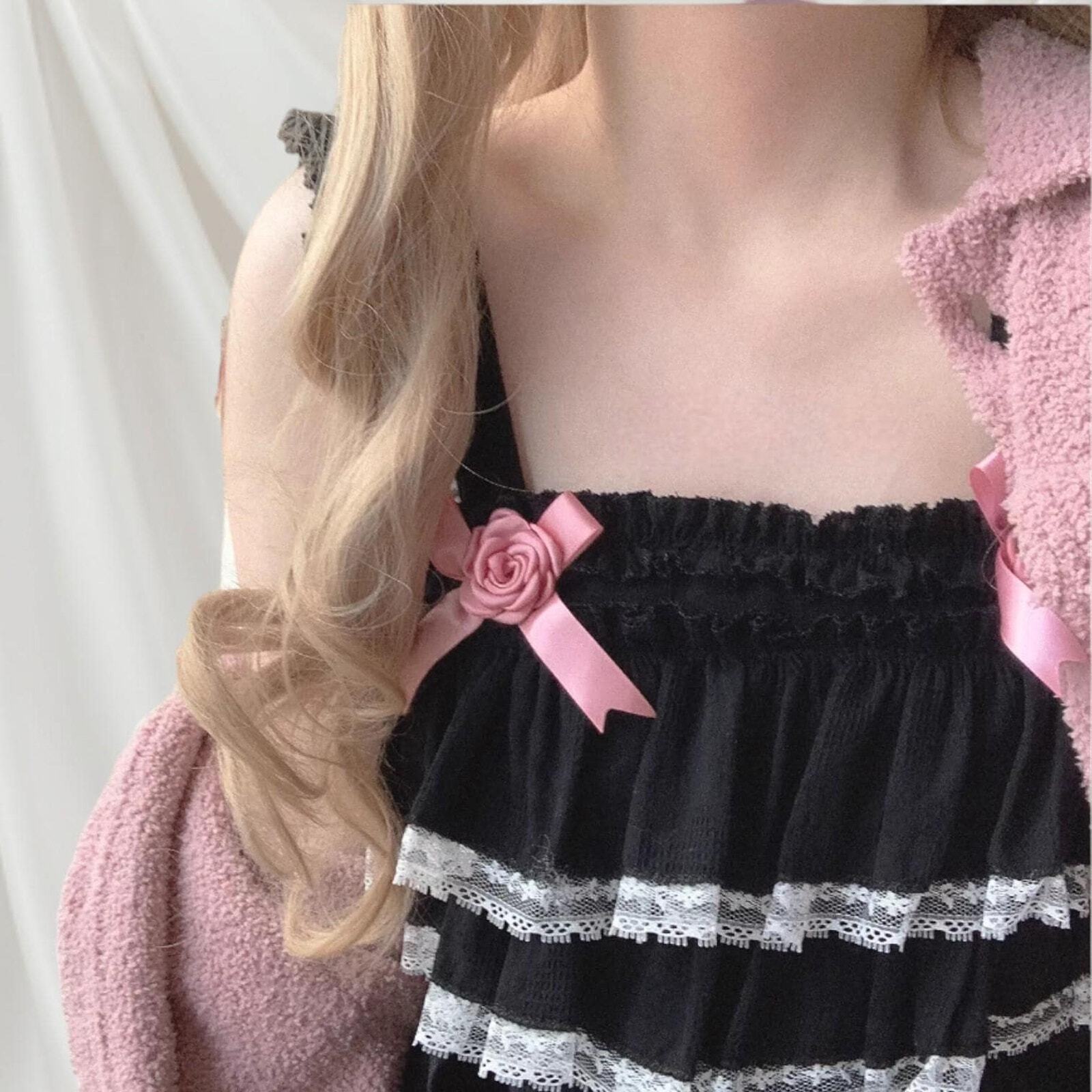 Black rose and lace cotton strap dress Jfashion kawaii light-lolita one size3