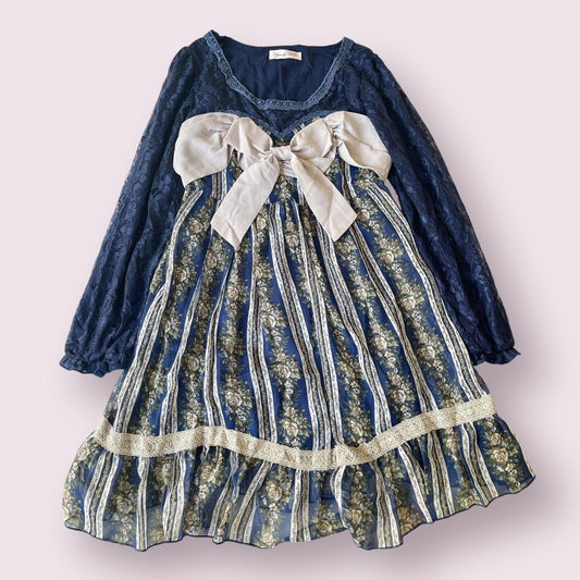 Japanese vintage navy jacquard dress with floral print and oversized ivory bow0