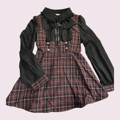 Majonetty Jirai Kei plaid two-piece set – ruffle blouse & shorts, gothic school3