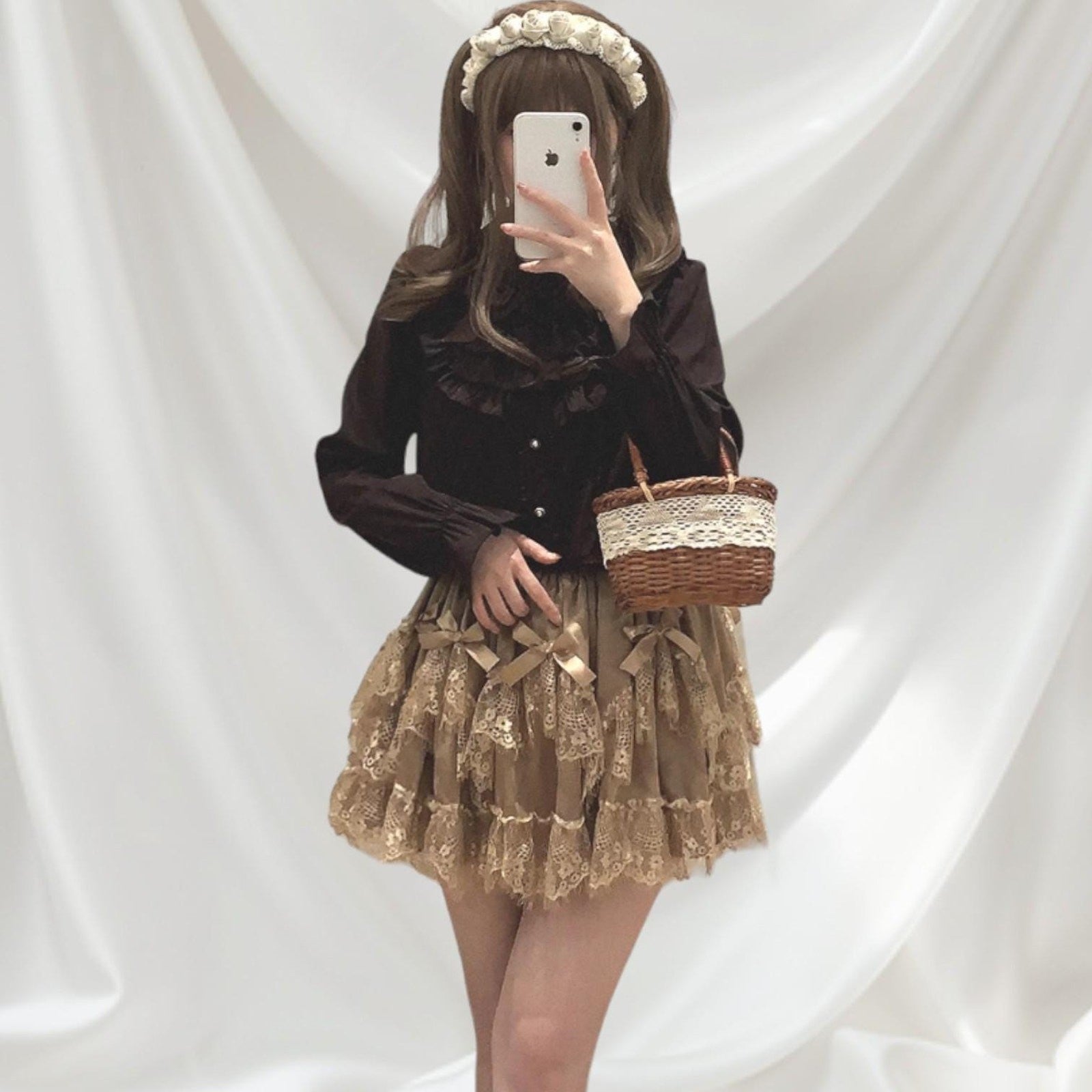 Layered lace ruffle mini skirt with satin bows2
