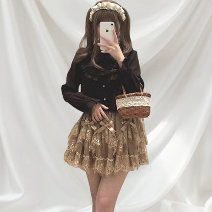 Layered lace ruffle mini skirt with satin bows2