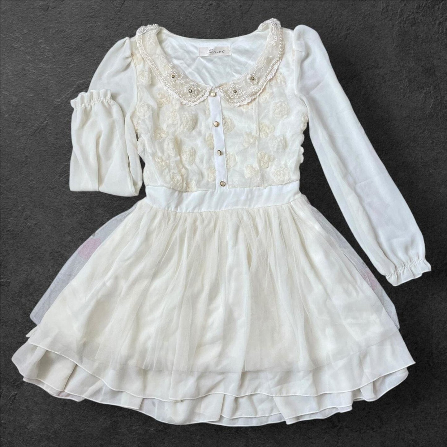 Japanese brand Snidel lace dress with embellished collar and layered skirt0