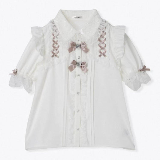 Japanese Brand Noemie lace ribbon blouse with pink satin bows0