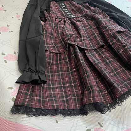 Majonetty Plaid Tiered Long Sleeve Dress Jirai Kei Subcul4