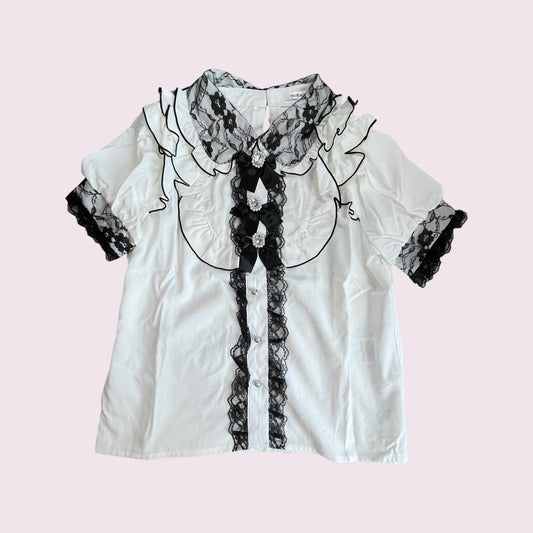 Noemie White Black Lace Jeweled Bow Blouse Ryousangata Jirai Kei Top0