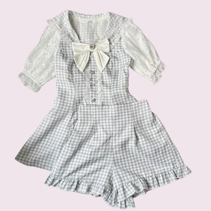 Japanese brand Noemie gingham lace two-piece set Jirai Kei top and shorts combo0