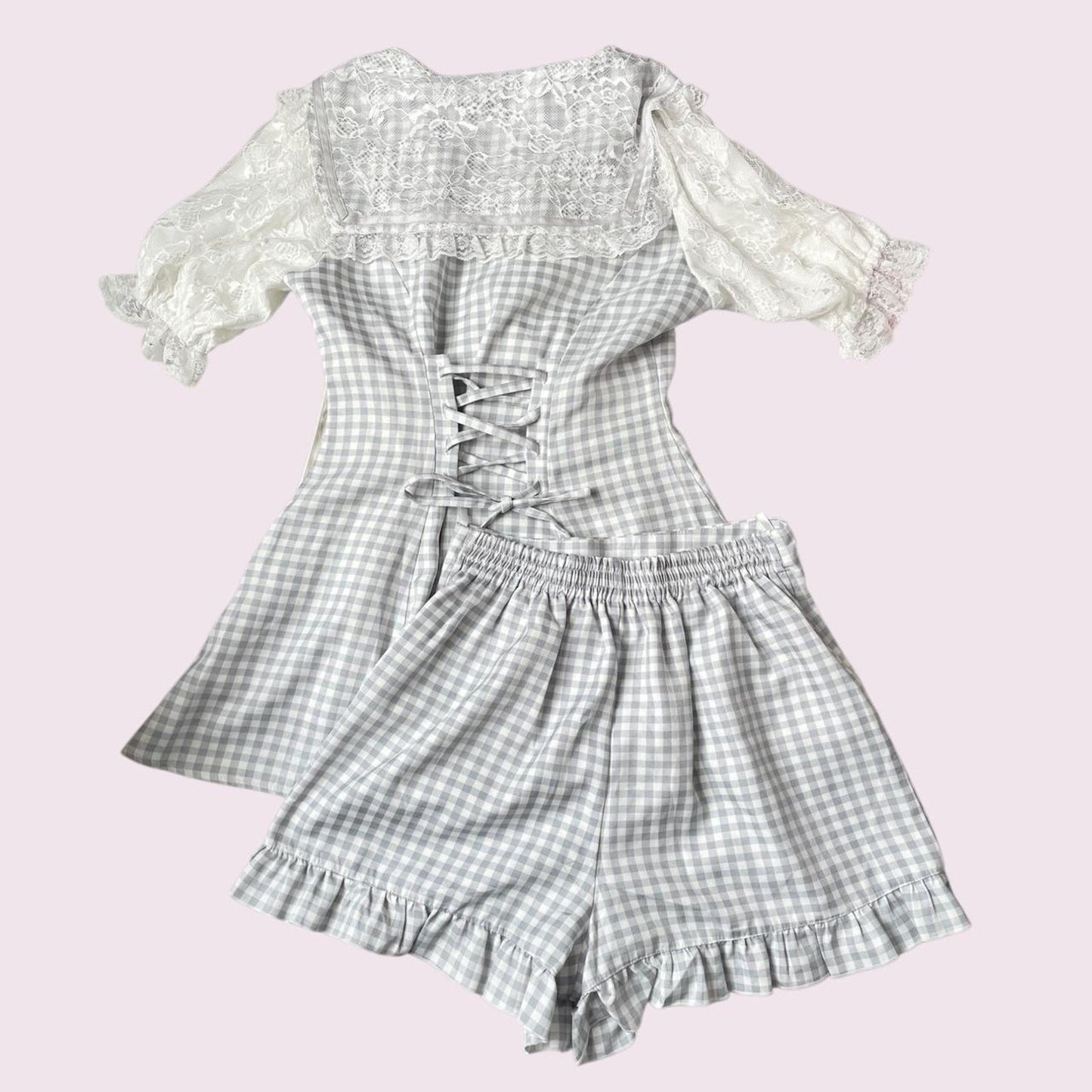 Japanese brand Noemie gingham lace two-piece set Jirai Kei top and shorts combo1