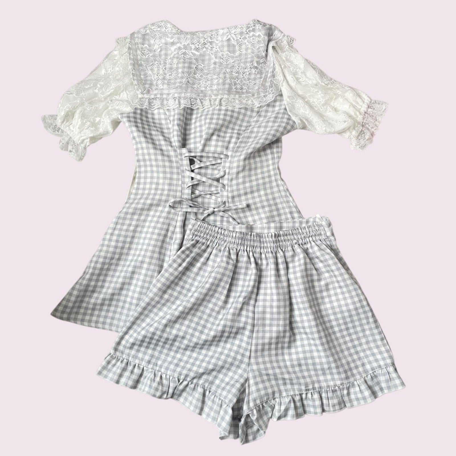 Japanese brand Noemie gingham lace two-piece set Jirai Kei top and shorts combo1