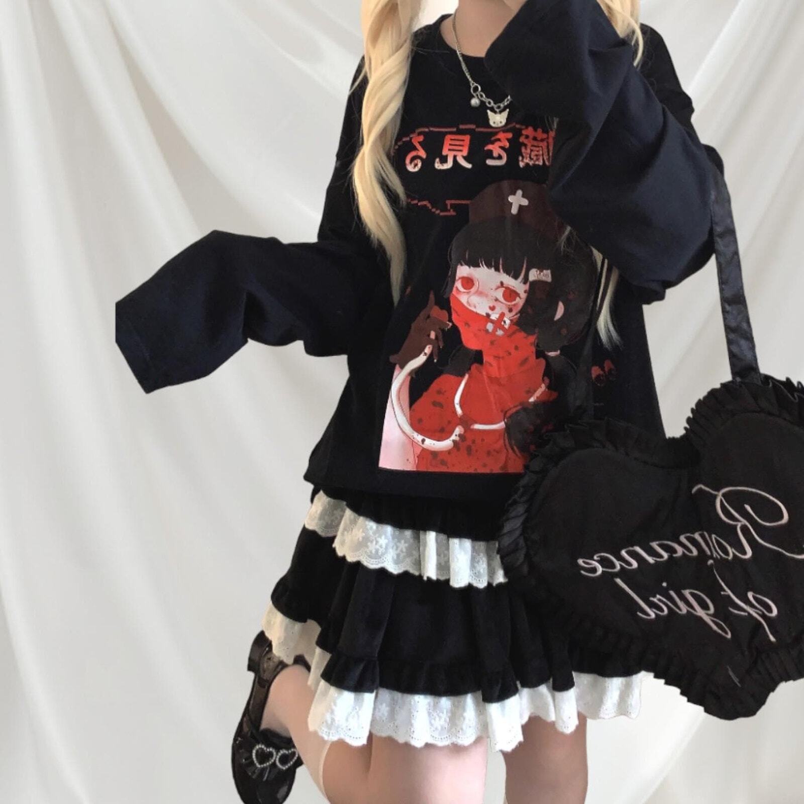 Japanese oversized black Tee with graphic character print Anime Tee2