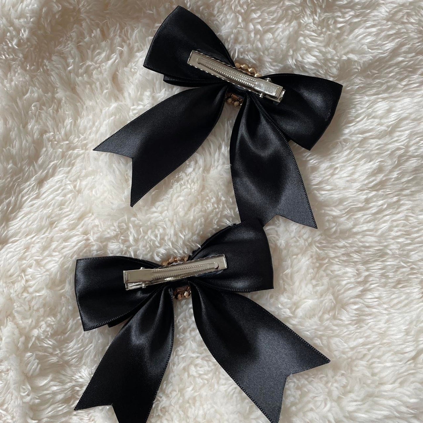 Black satin pearl bow clips - classic lolita / vintage gothic pair2