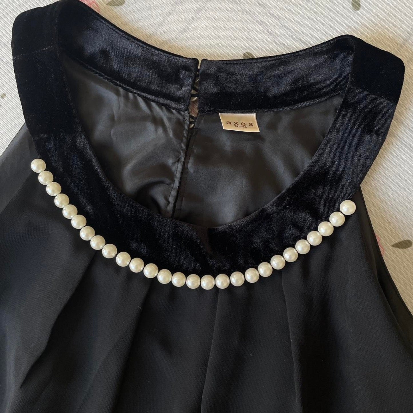 Axes femme black chiffon dress with pearl neckline and rosette detai1
