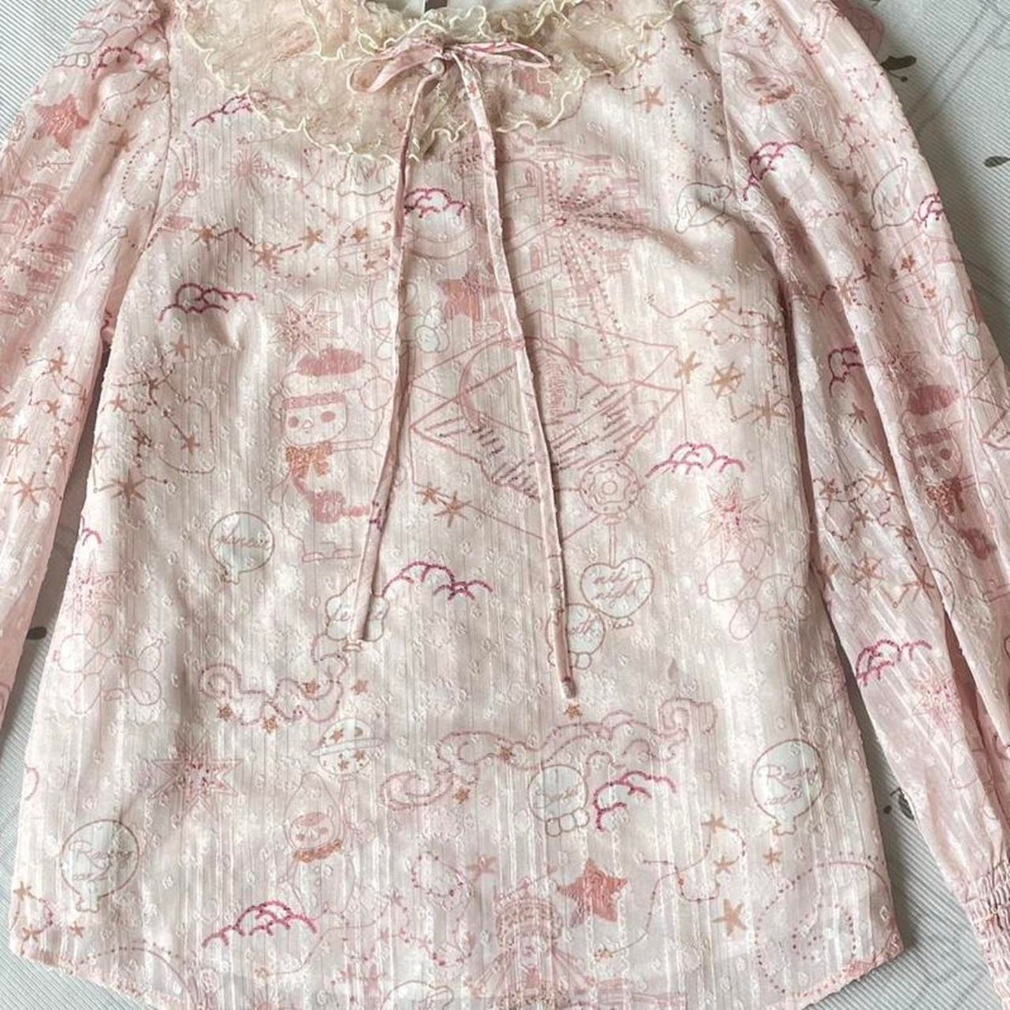 Pop Mart collab chiffon blouse with pastel fantasy print & lace collar5