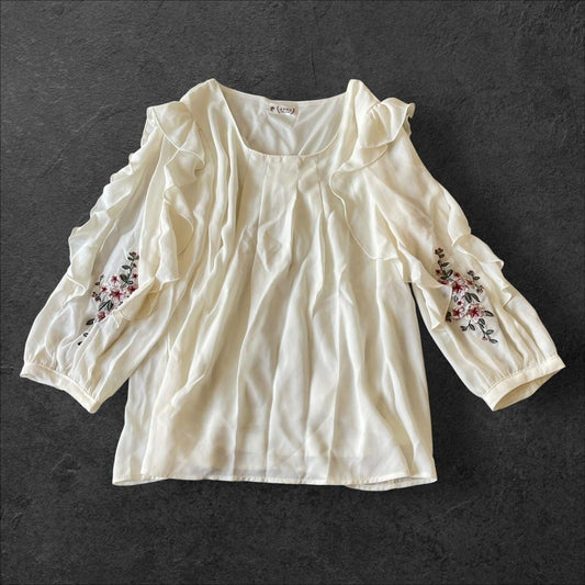 Axes Femme ruffle sleeve floral embroidery blouse 0