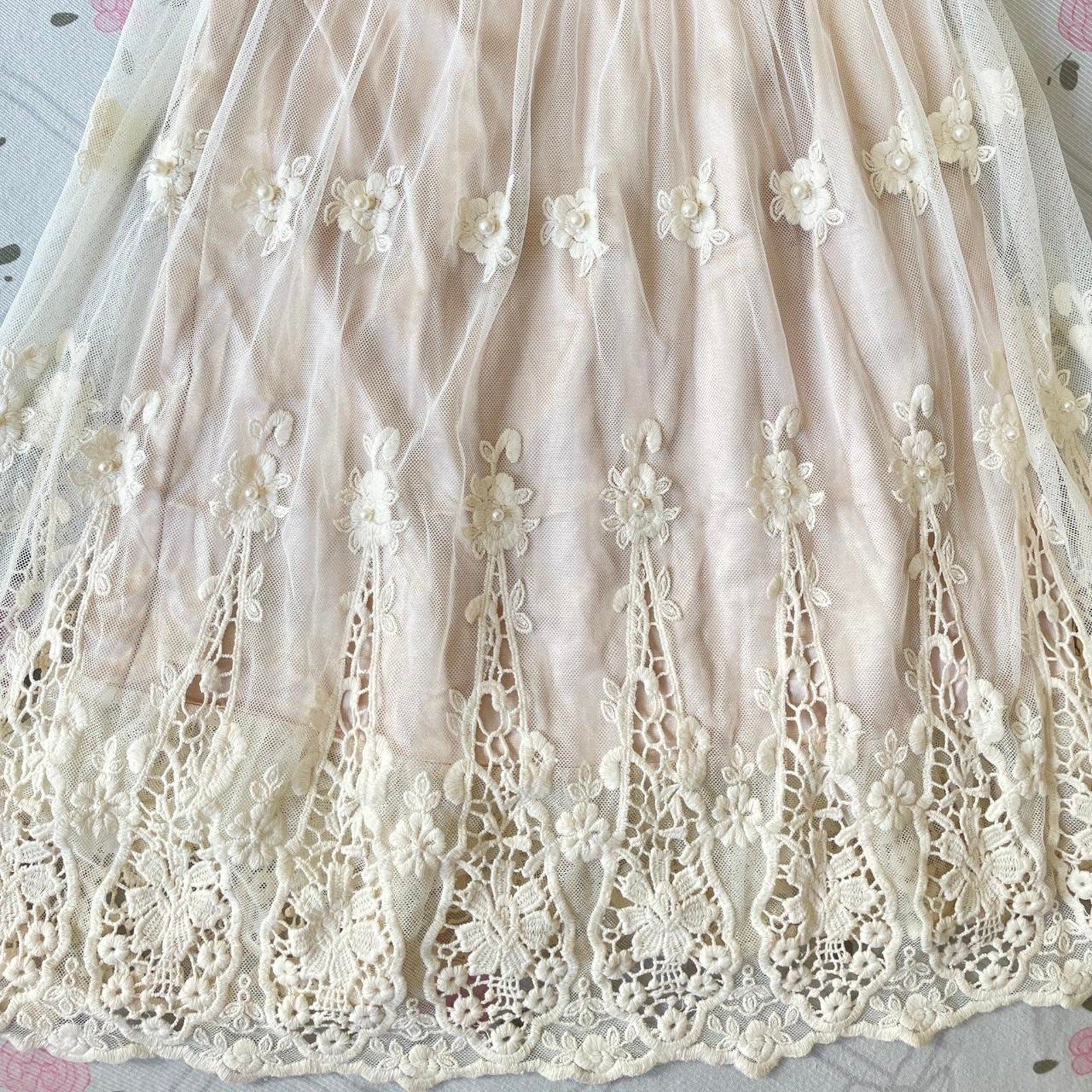 Vintage dusty pink lace bodice dress with floral embroidered tulle skirt4