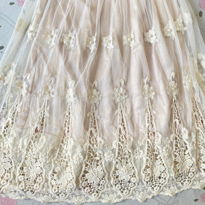 Vintage dusty pink lace bodice dress with floral embroidered tulle skirt4