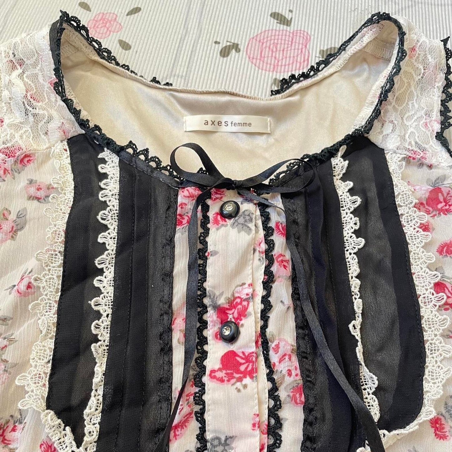 Axes femme rare vintage floral lace dress with black ribbon and button details 2