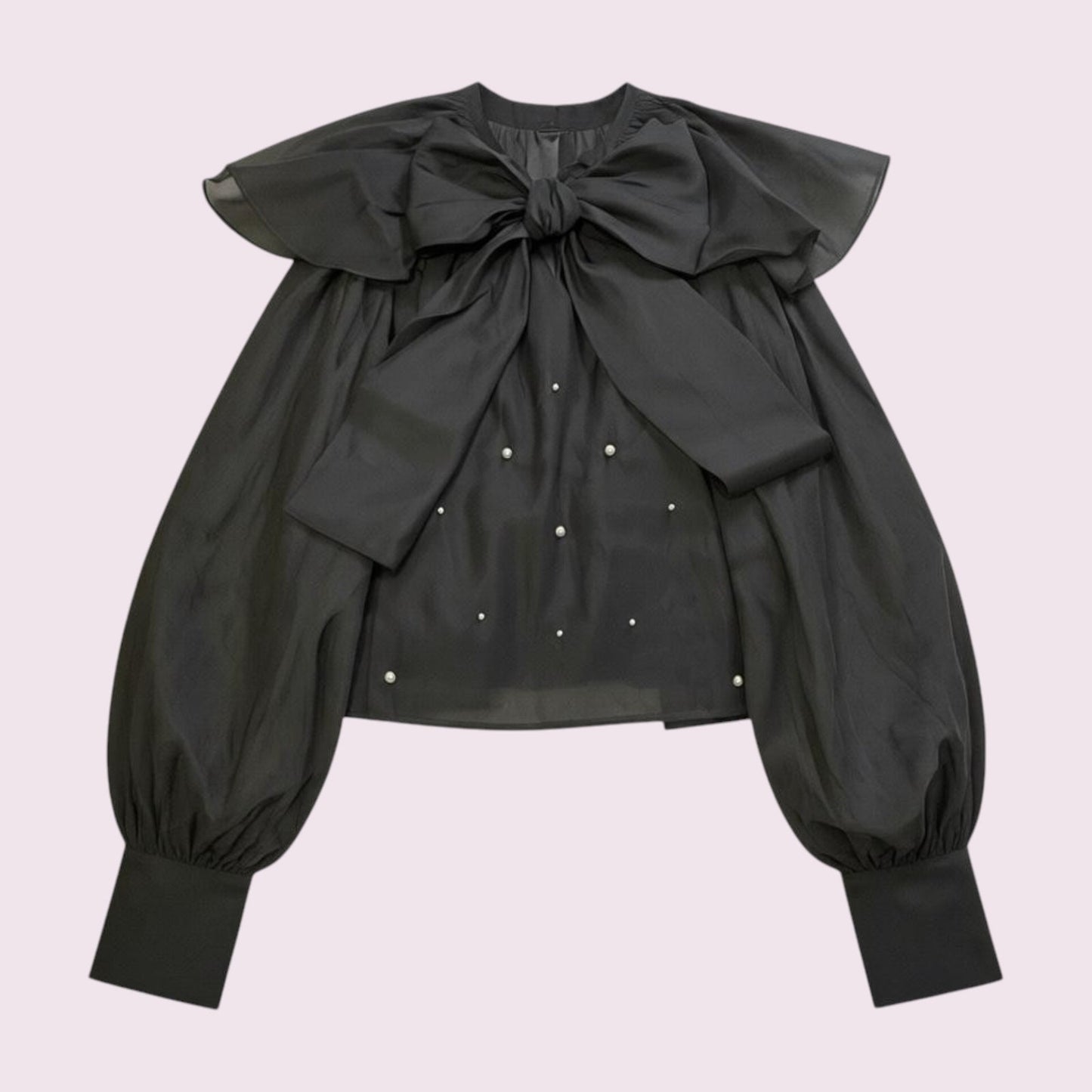 GRL black oversized bow blouse – sheer puff sleeves, pearl detail0