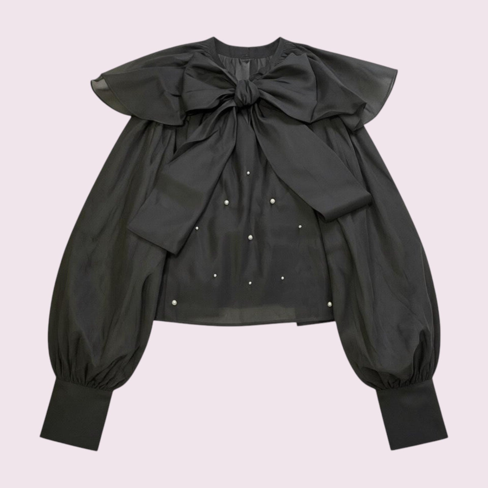 GRL black oversized bow blouse – sheer puff sleeves, pearl detail0