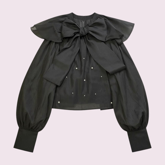 GRL black oversized bow blouse – sheer puff sleeves, pearl detail0