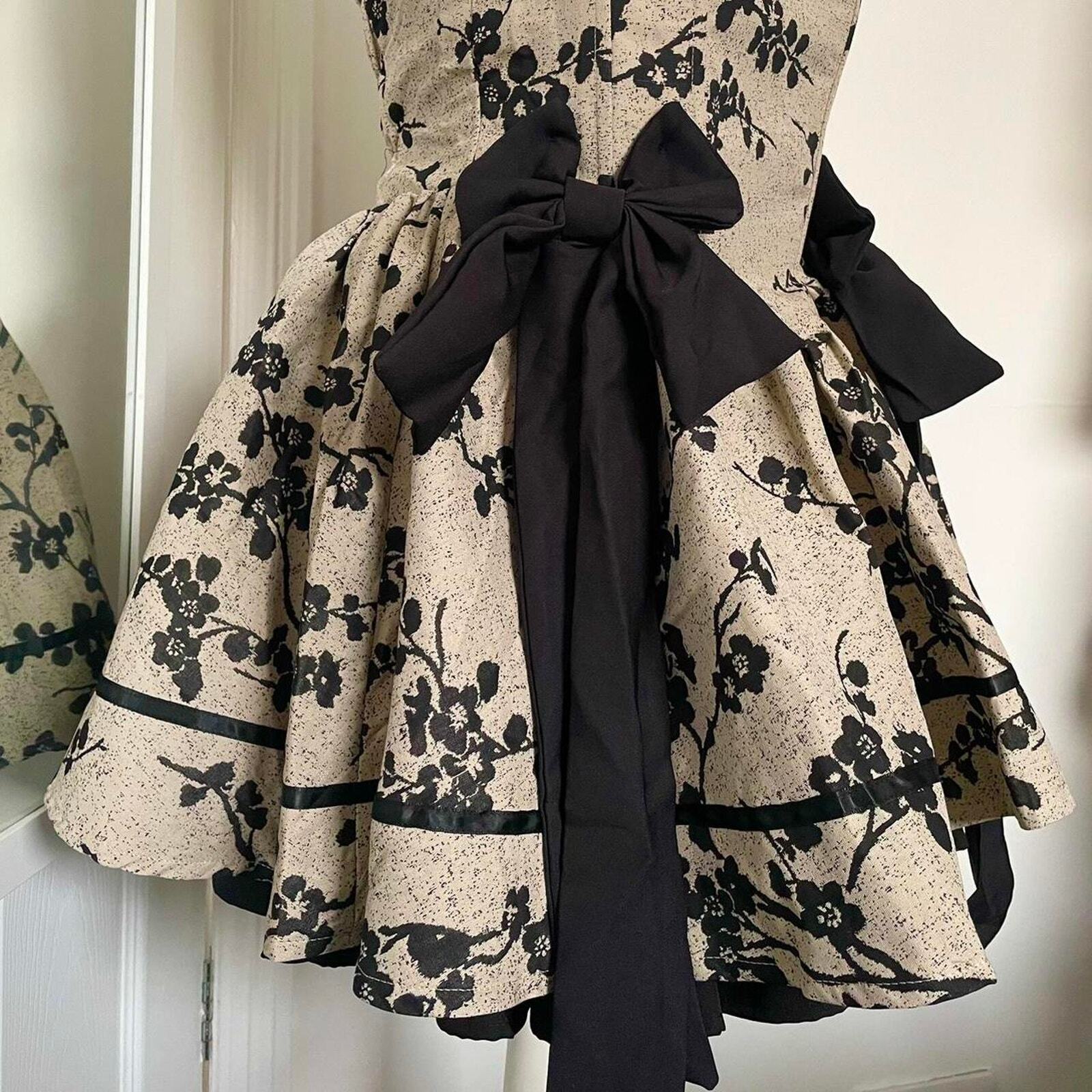 Jacquard retro floral mini dress with bows designer dress XS/S1
