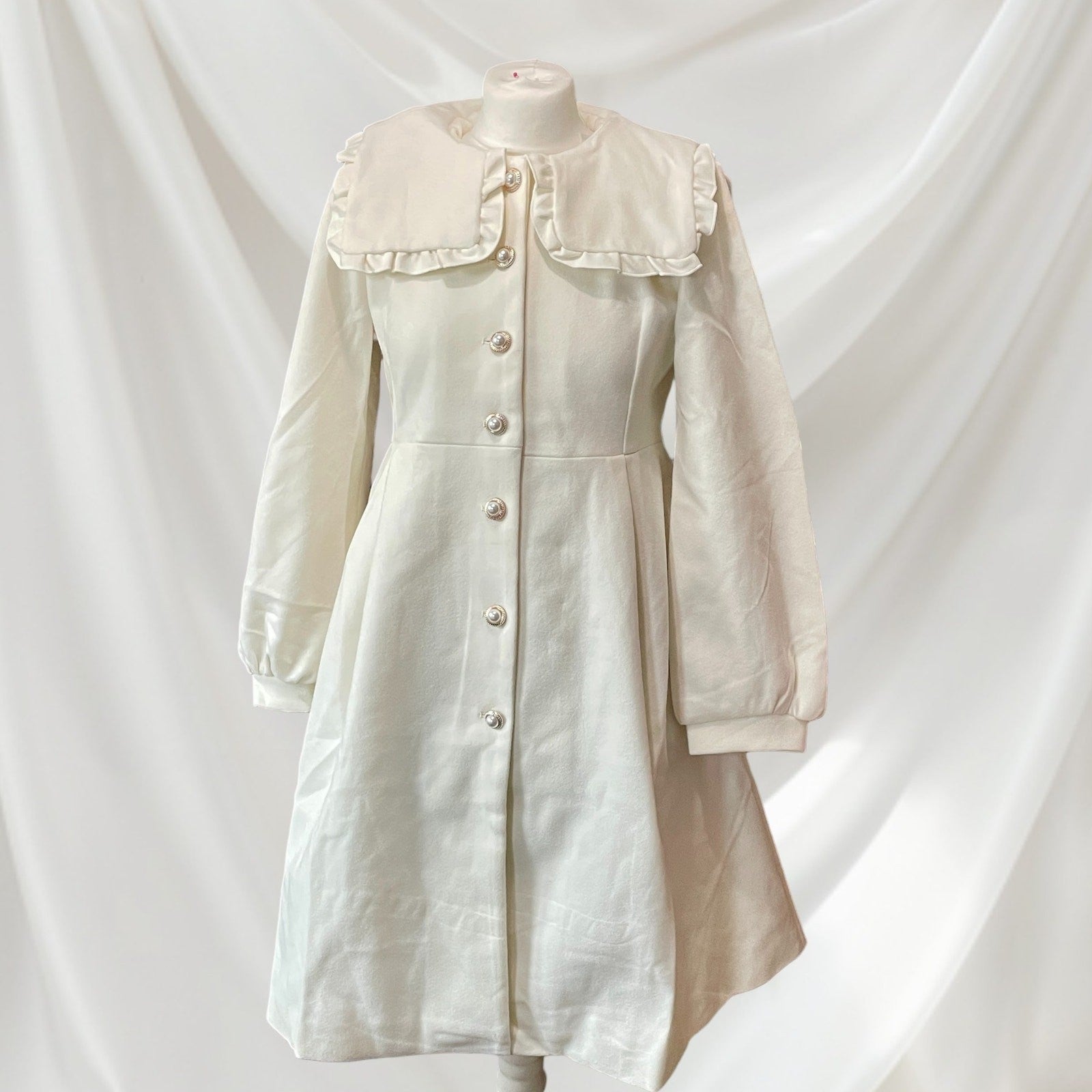 Axes Femme ivory coat dress, pearl button soft girly outerwear, jfashion0