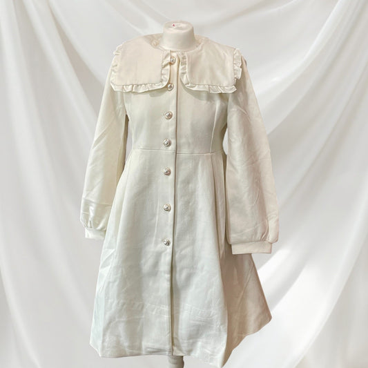 Axes Femme ivory coat dress, pearl button soft girly outerwear, jfashion0