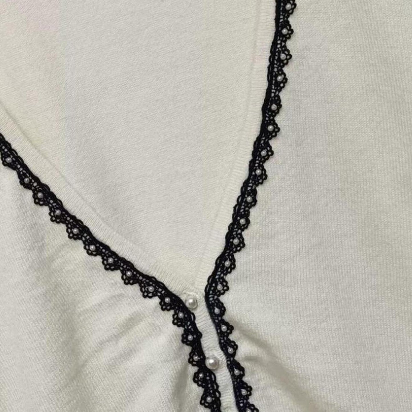 Laisse Passe beige cropped cardigan with lace trim and pearl details fits xs/s2