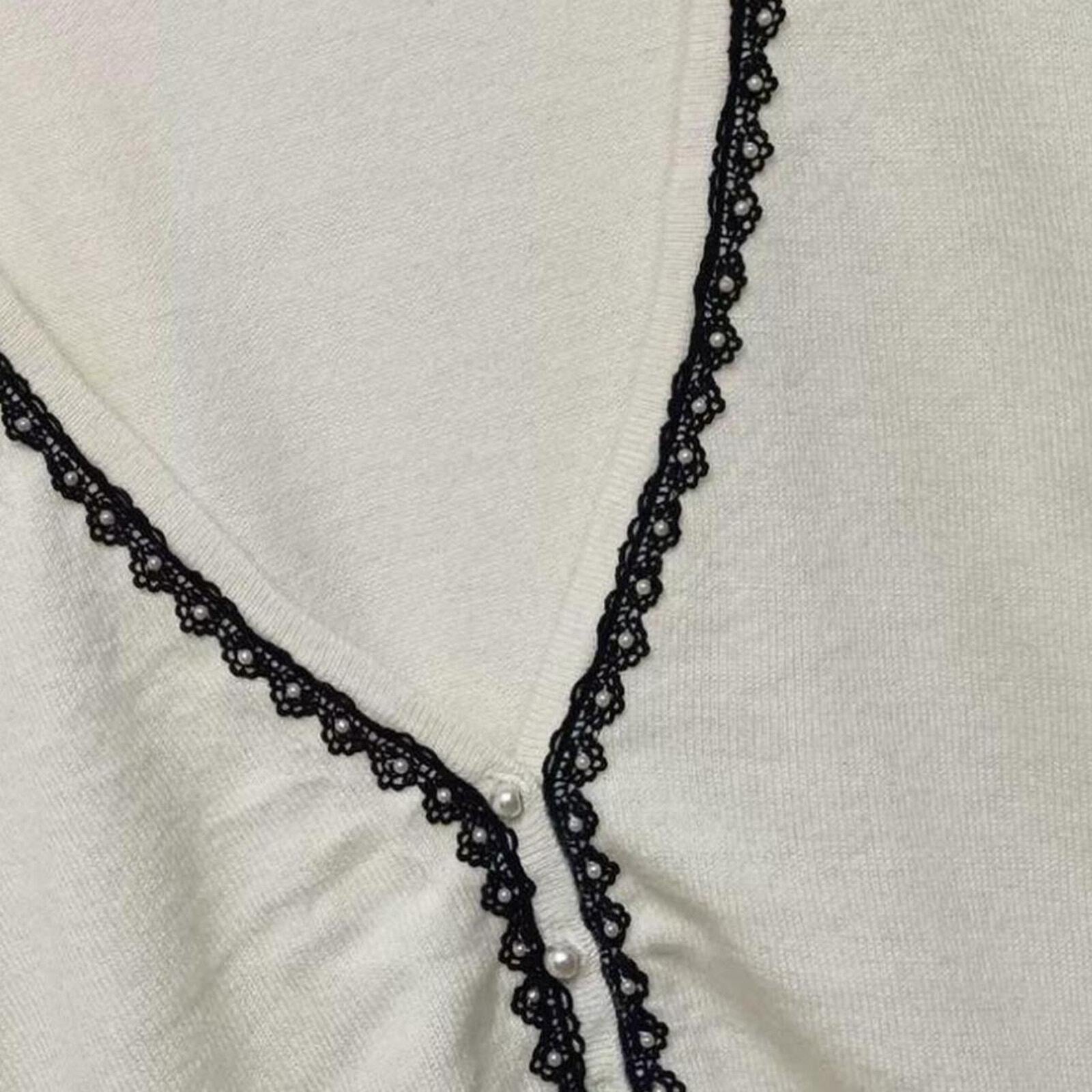 Laisse Passe beige cropped cardigan with lace trim and pearl details fits xs/s2