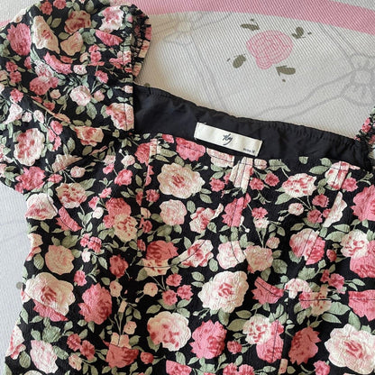 Vintage romantic rose puff sleeve floral dress  1
