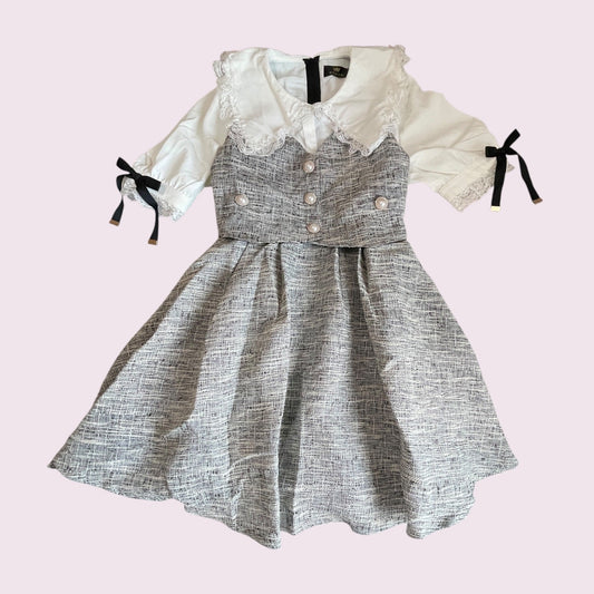 Rojita Tweed Dress Jfashion One-piece with Pearl Buttons Grey 0
