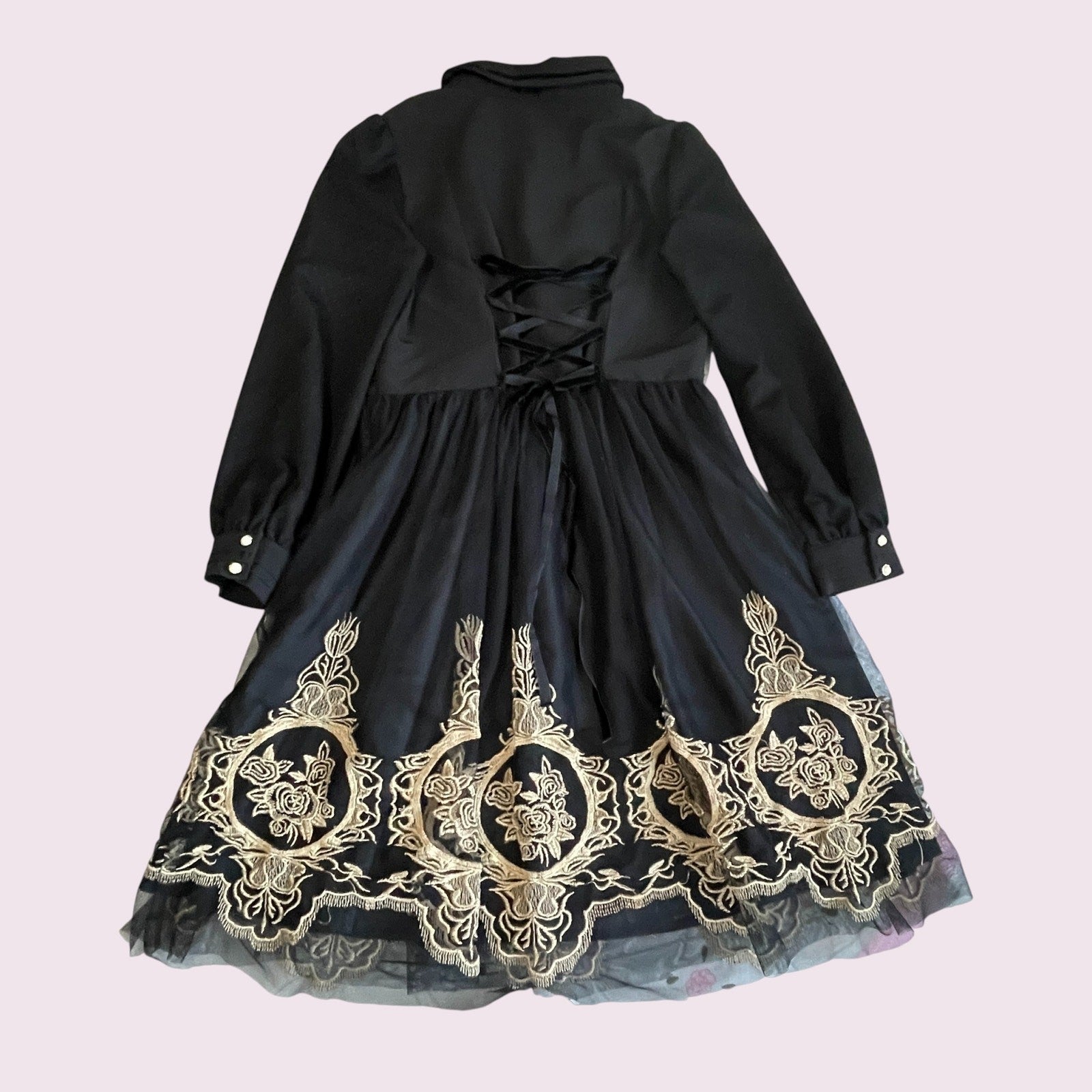 Axes Femme black embroidered dress – elegant gothic, gold rose embroidery1