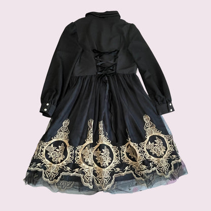 Axes Femme black embroidered dress – elegant gothic, gold rose embroidery1