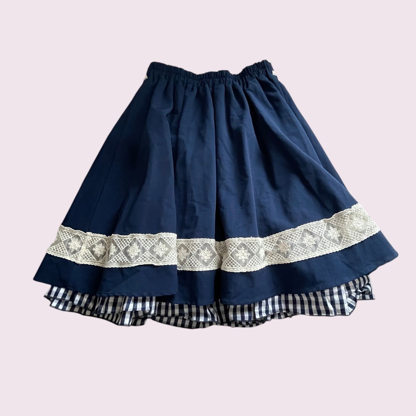 Axes Femme navy lace trim skirt with gingham hem1