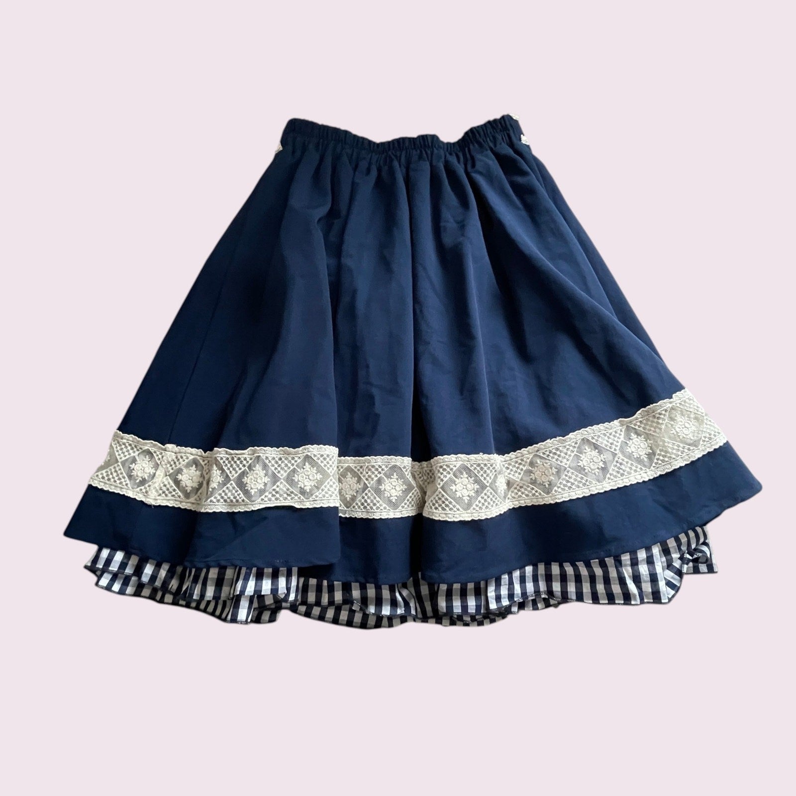 Axes Femme navy lace trim skirt with gingham hem1