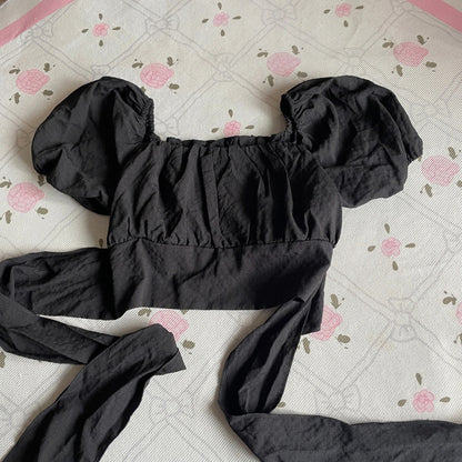 GRL Black Puff Sleeve Crop Top – Romantic / Jirai Kei / Soft Gothic Style3