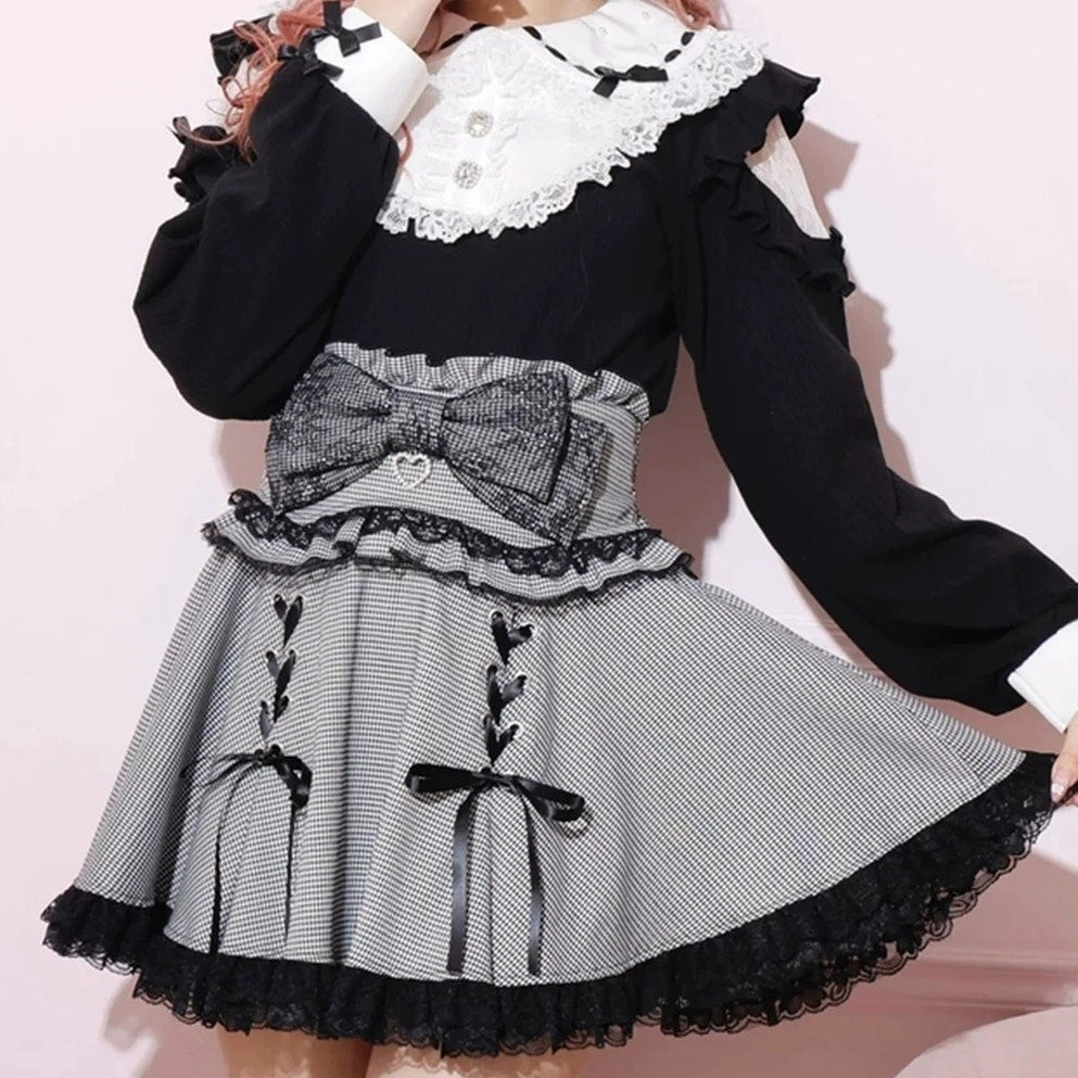 Noemie gingham lace up skirt with built-in shorts, girly jfashion1