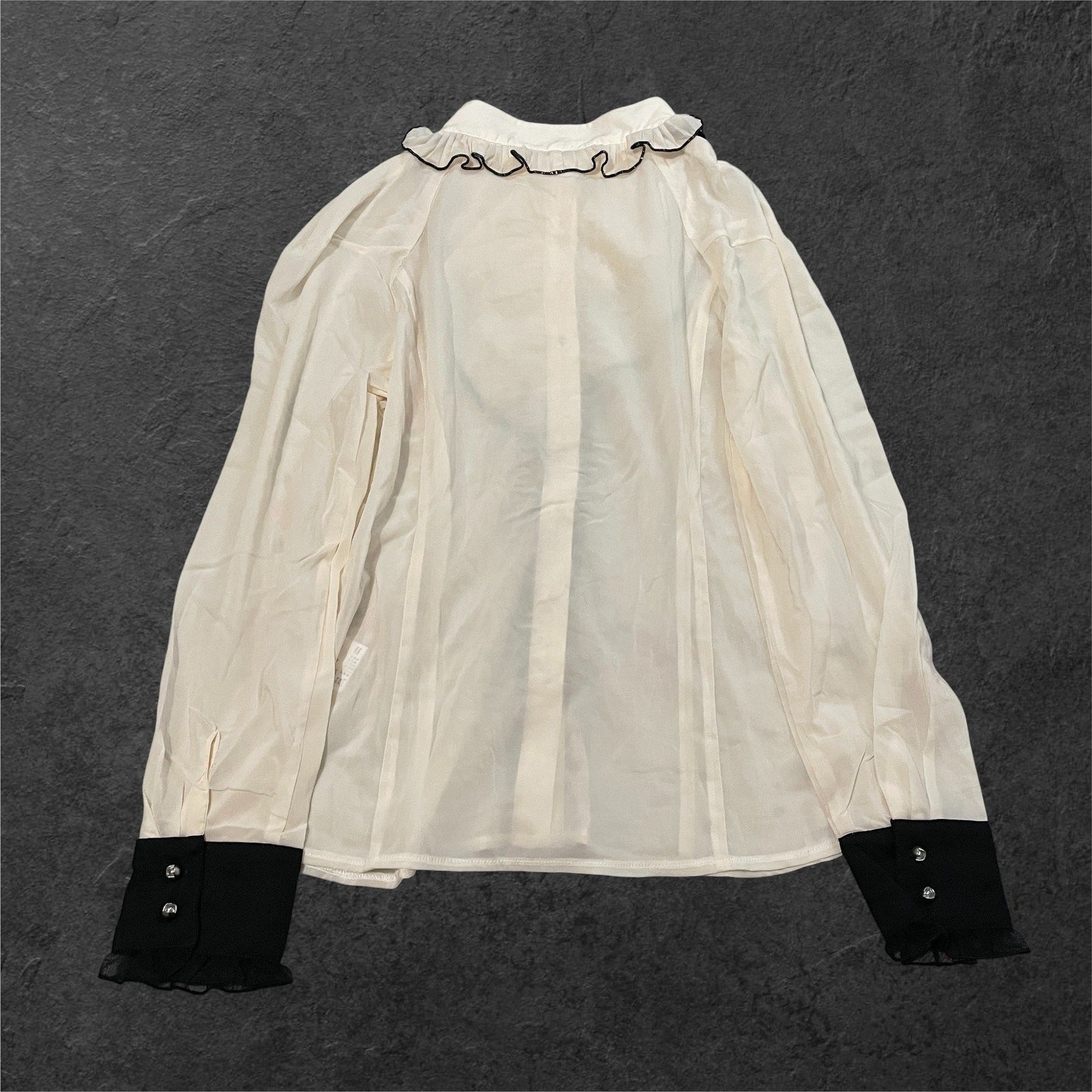 y2k Japanese ruffle blouse – sheer ivory shirt with contrast cuffs1