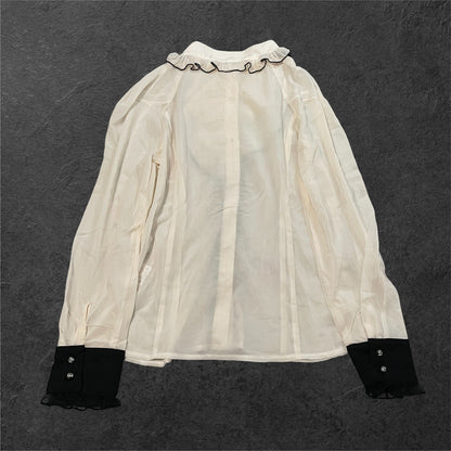 y2k Japanese ruffle blouse – sheer ivory shirt with contrast cuffs1