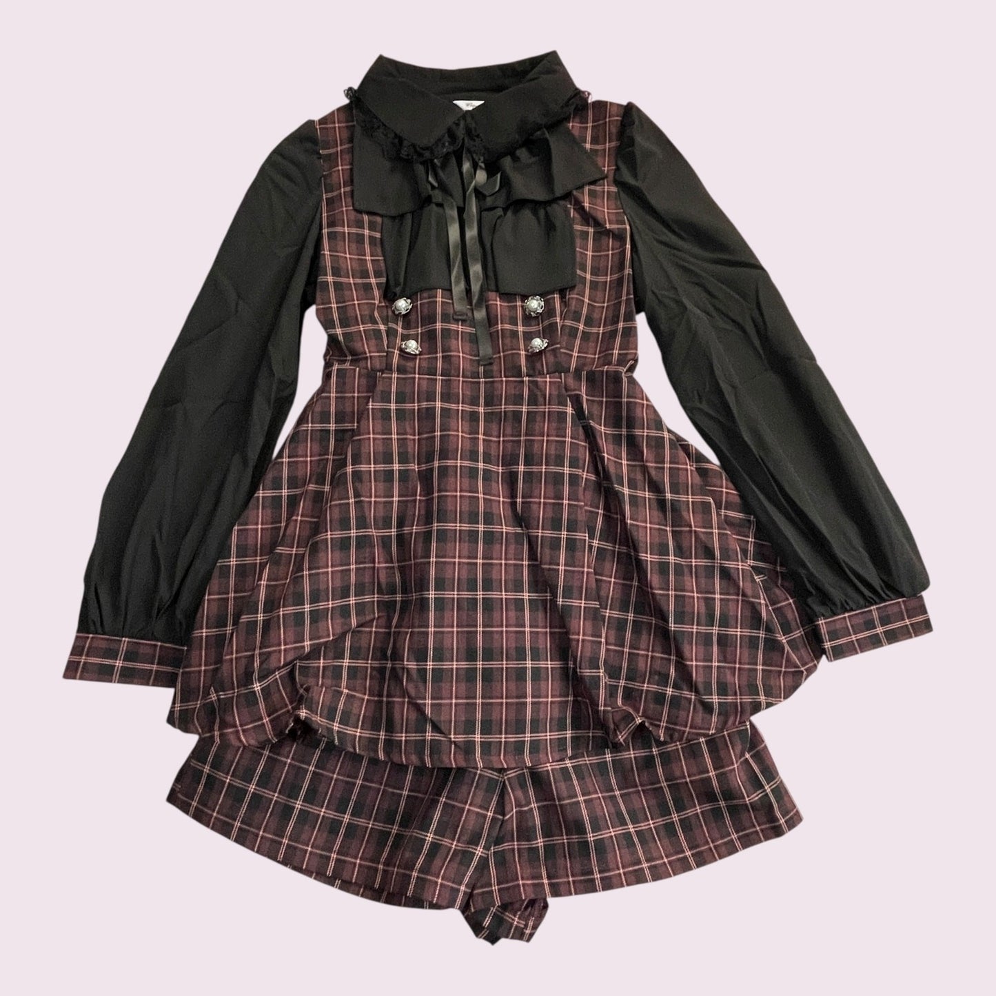 Majonetty Jirai Kei plaid two-piece set – ruffle blouse & shorts, gothic school1