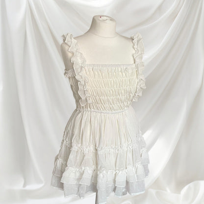GRL White Shirred Ruffle Mini Dress Dolly J-Fashion Tiered Babydoll0