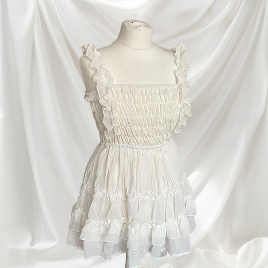 GRL White Shirred Ruffle Mini Dress Dolly J-Fashion Tiered Babydoll0