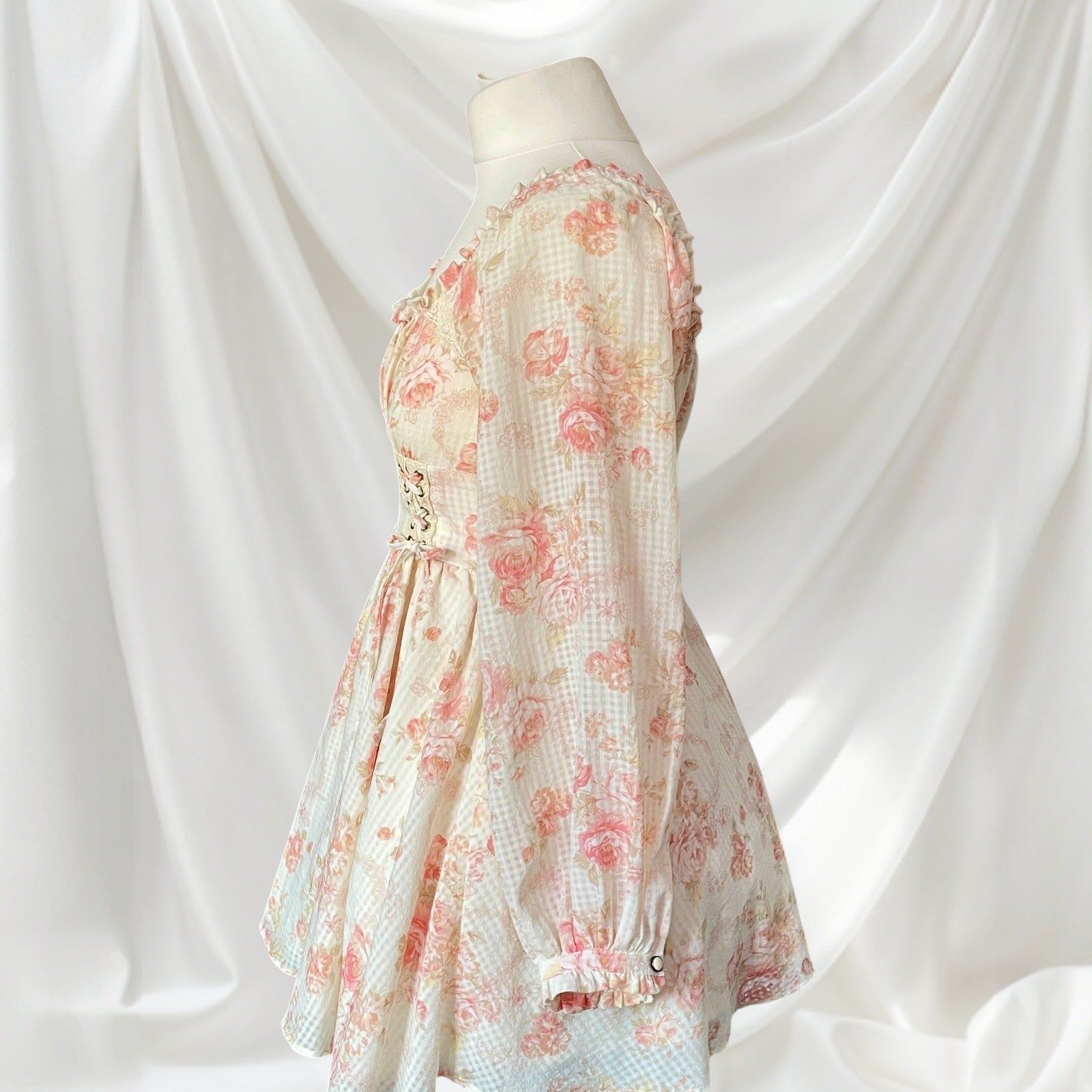 Liz Lisa Pink Rose Floral Corset Dress Lace Up Long Sleeve2