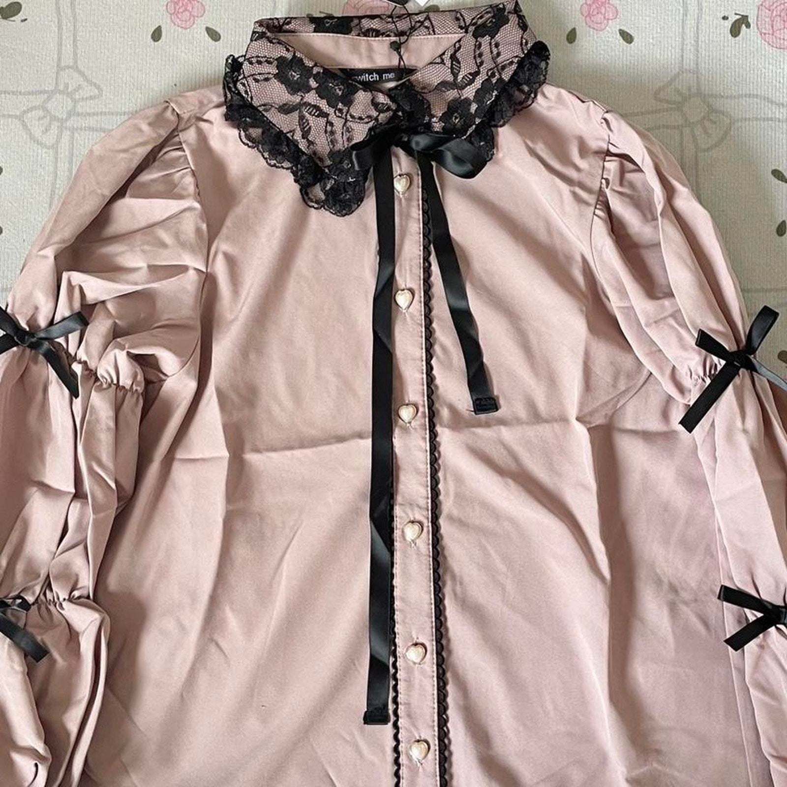 Japanese Brand romantic pink blouse with lace collar & ribbon tie – jp fashion4