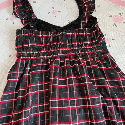 Liz Lisa Doll Plaid Dress – Black × Red Check, Lace Trim, Sweet Girly Jfashion6